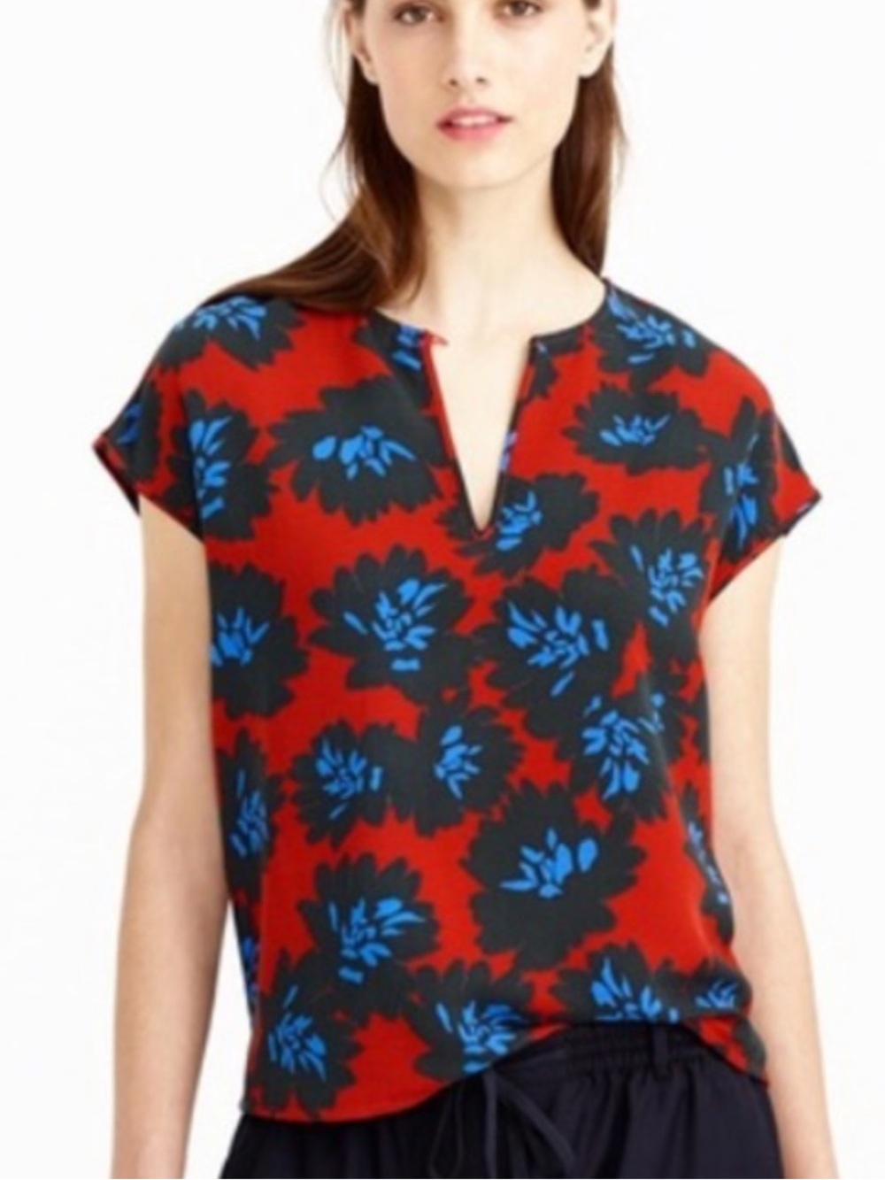 J. Crew Red Floral Split-Neck Blouse with Blue and Black Accents